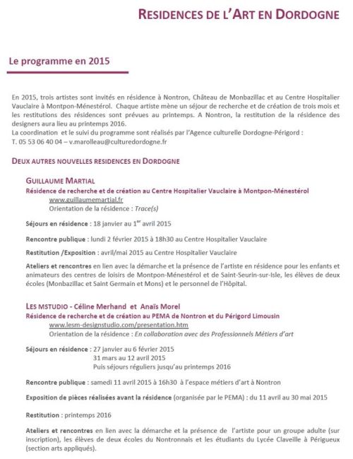 Residences de l'Art en Dordogne Programme 2015