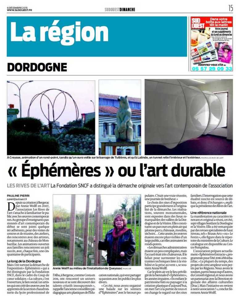Biennale Ephémères, article Sud Ouest Dimanche du 06 12 2015
