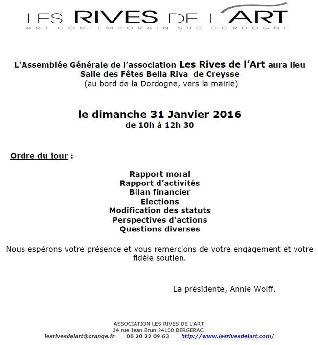 Invitation à l'Assemblée Générale 2016 de l'Association Les Rives de l'Art