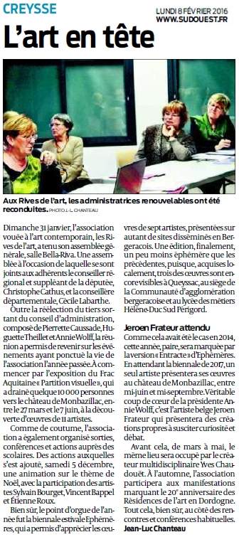 Association Les Rives de l'Art Assemblée générale 2016 ; article journal Sud Ouest du 8 février 2016